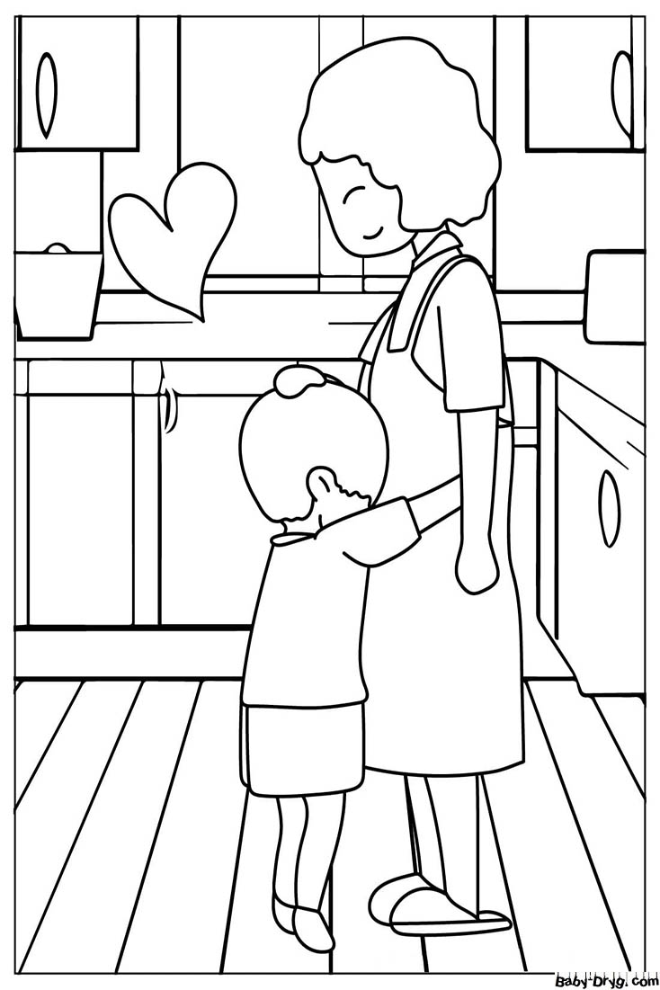 Boy Hugging Mother In The Kitchen Coloring Page | Coloring Mother's Day