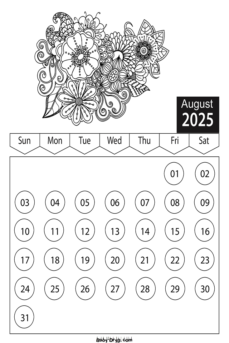 Calendar 2025 August Flowers Coloring Pages | Coloring Calendar 2025 year
