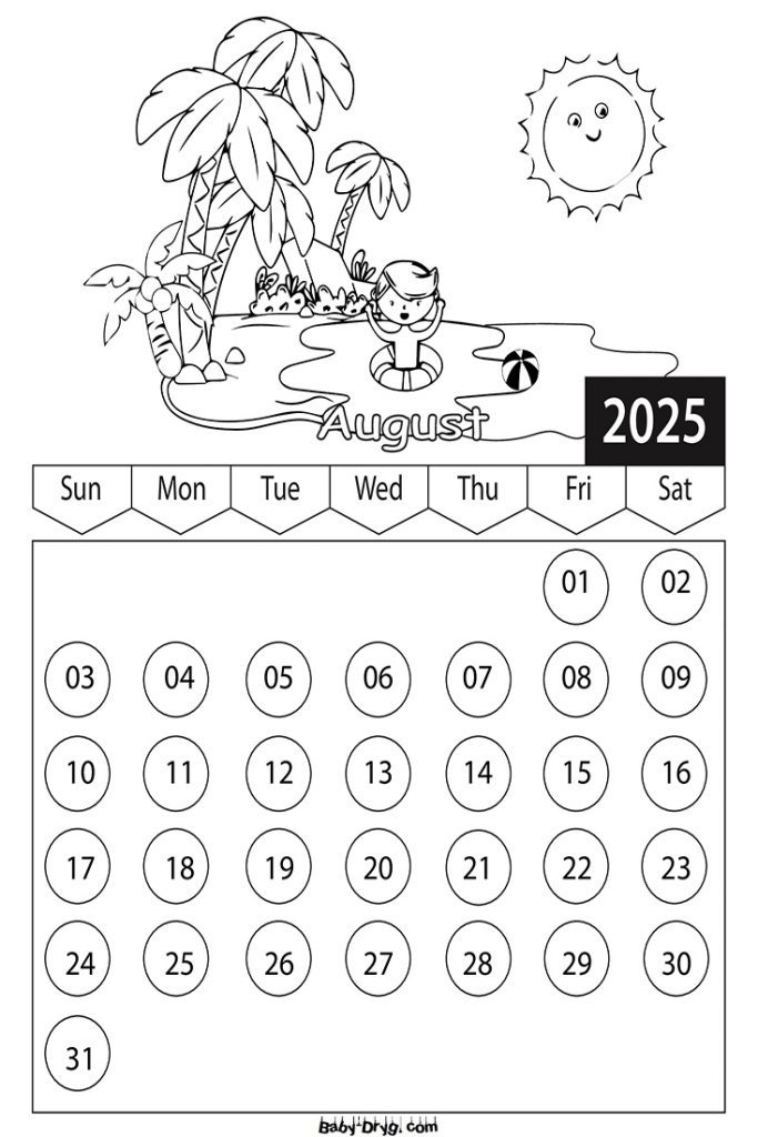 Calendar 2025 August picture | Coloring Calendar 2025 year