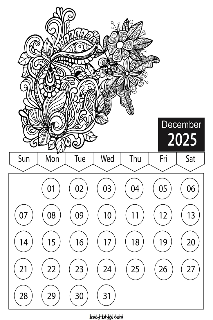 Calendar 2025 December Flowers Coloring Pages | Coloring Calendar 2025 year