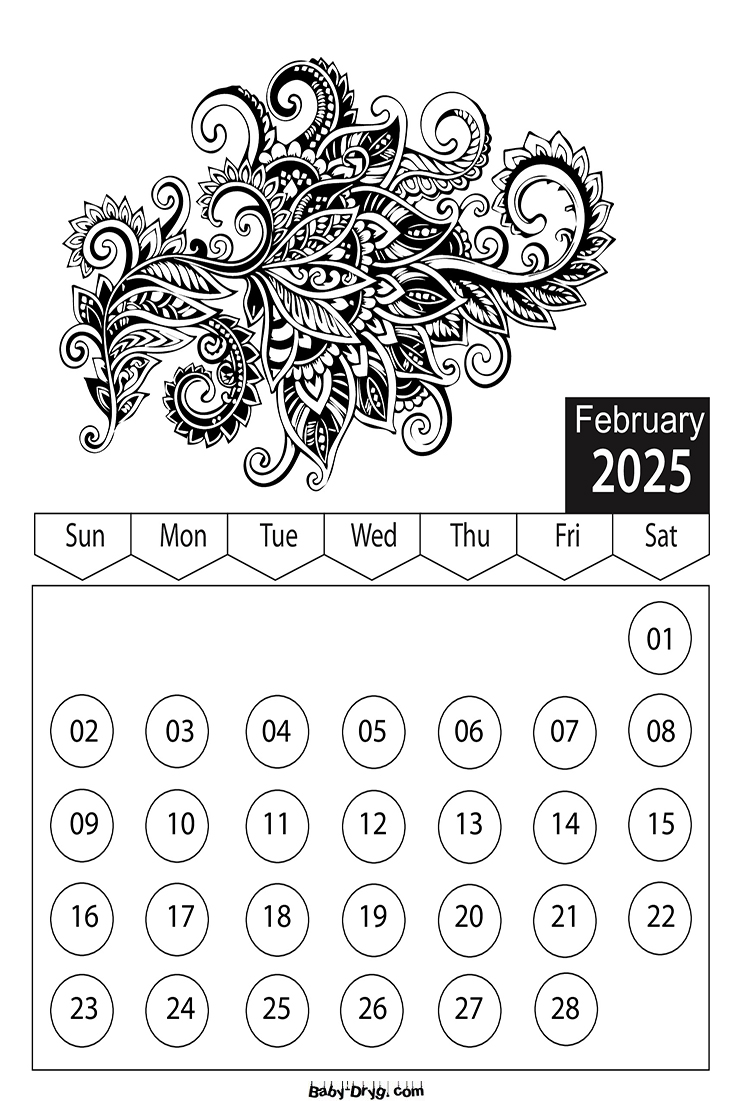 Calendar 2025 February Flowers Coloring Pages | Coloring Calendar 2025 year