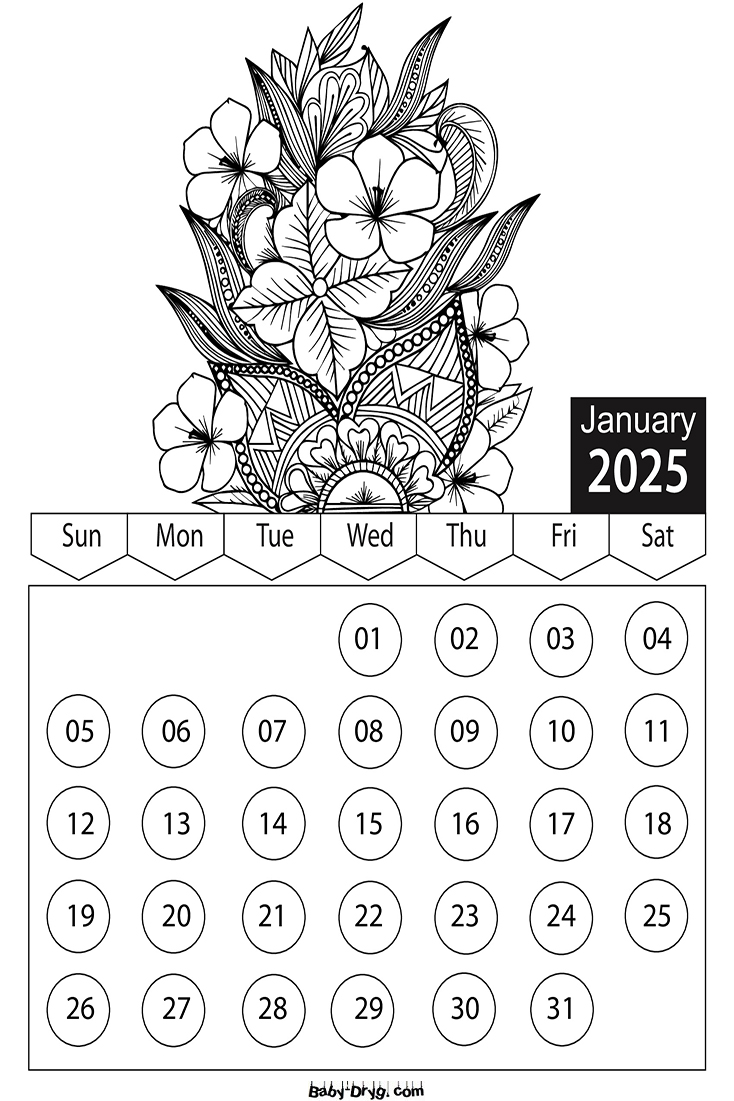 Calendar 2025 January Flowers Coloring Pages | Coloring Calendar 2025 year