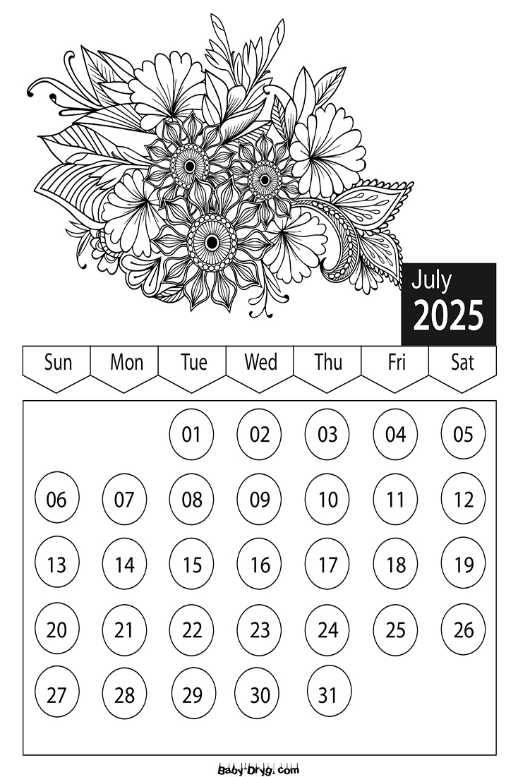 Calendar 2025 July Flowers Coloring Pages | Coloring Calendar 2025 year