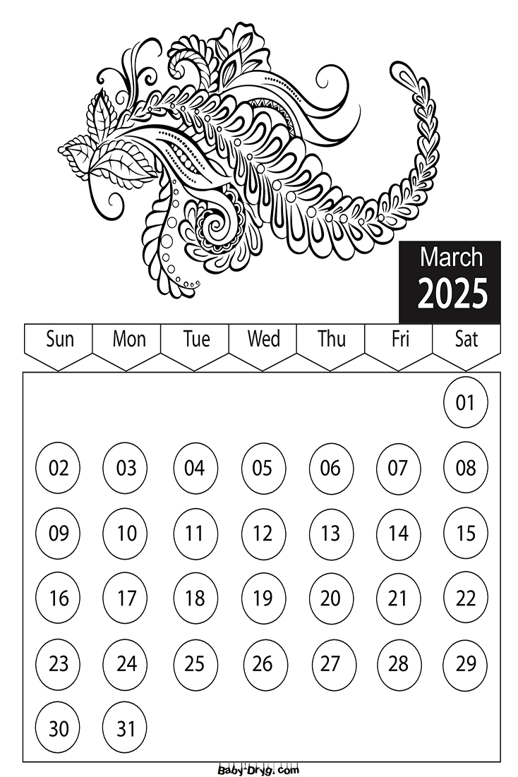 Calendar 2025 March Flowers Coloring Pages | Coloring Calendar 2025 year