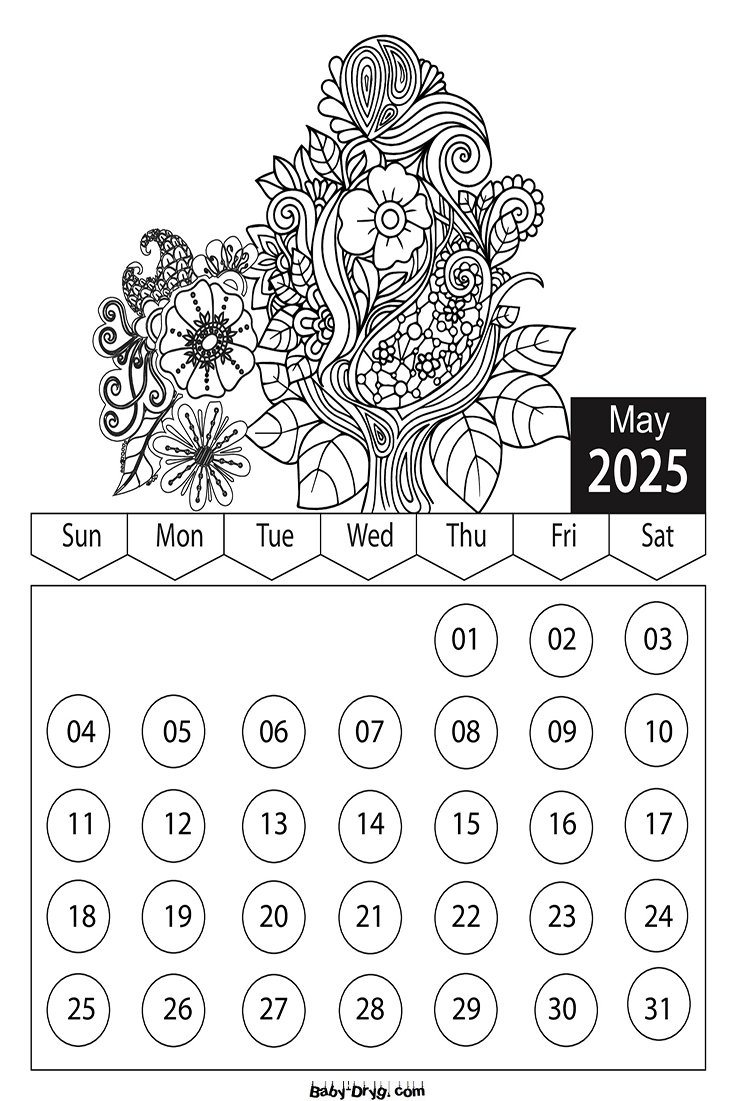 Calendar 2025 May Flowers Coloring Pages | Coloring Calendar 2025 year