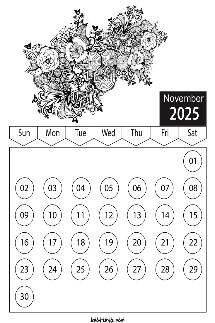 Calendar 2025 November Flowers Coloring Pages | Coloring Calendar 2025 year