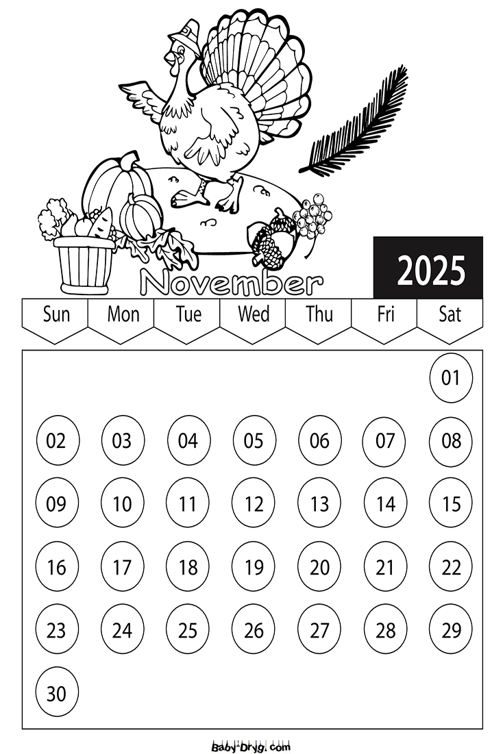 Calendar 2025 November picture | Coloring Calendar 2025 year