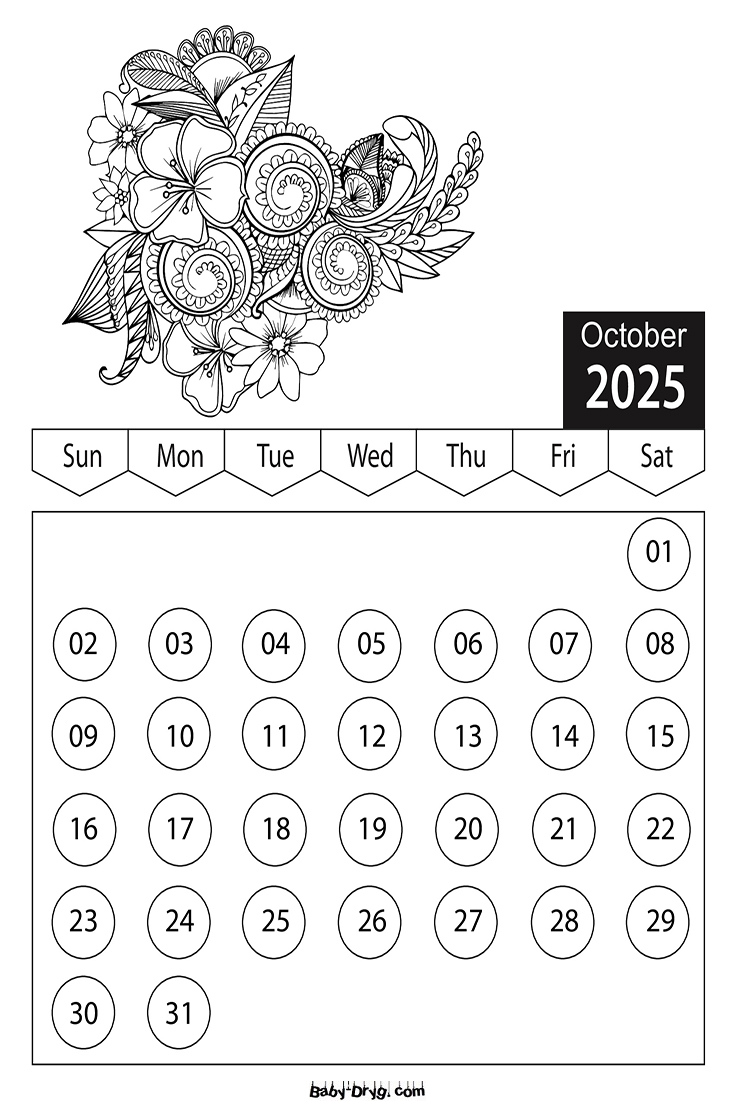 Calendar 2025 October Flowers Coloring Pages | Coloring Calendar 2025 year