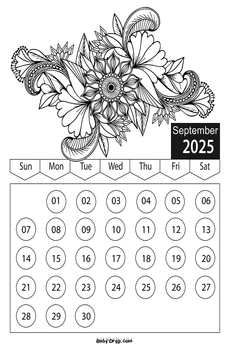 Calendar 2025 September Flowers Coloring Pages | Coloring Calendar 2025 year