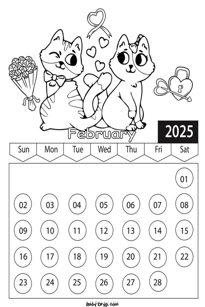 Calendar 2025 February picture | Coloring Calendar 2025 year