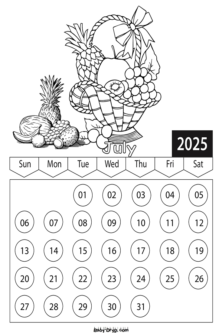 Calendar 2025 July picture | Coloring Calendar 2025 year