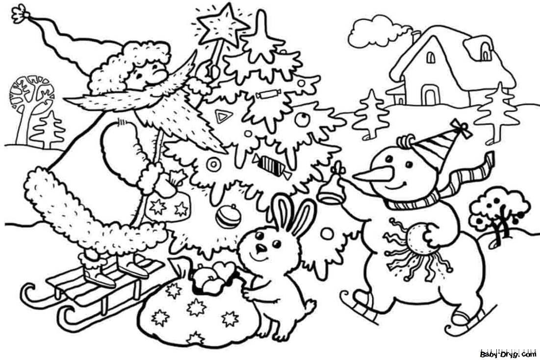 Christmas tree, toys, animals Coloring Page | Coloring Year Snake 2025