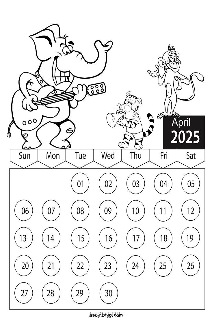 Coloring Page 2025 April Cartoon Characters | Coloring Calendar 2025 year