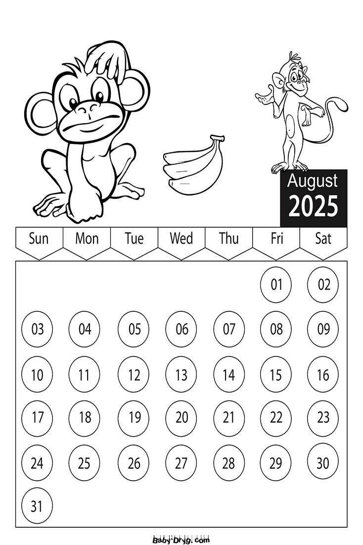 Coloring Page 2025 August Cartoon Characters | Coloring Calendar 2025 year