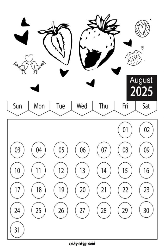 Coloring Page 2025 August Valentine's Day | Coloring Calendar 2025 year