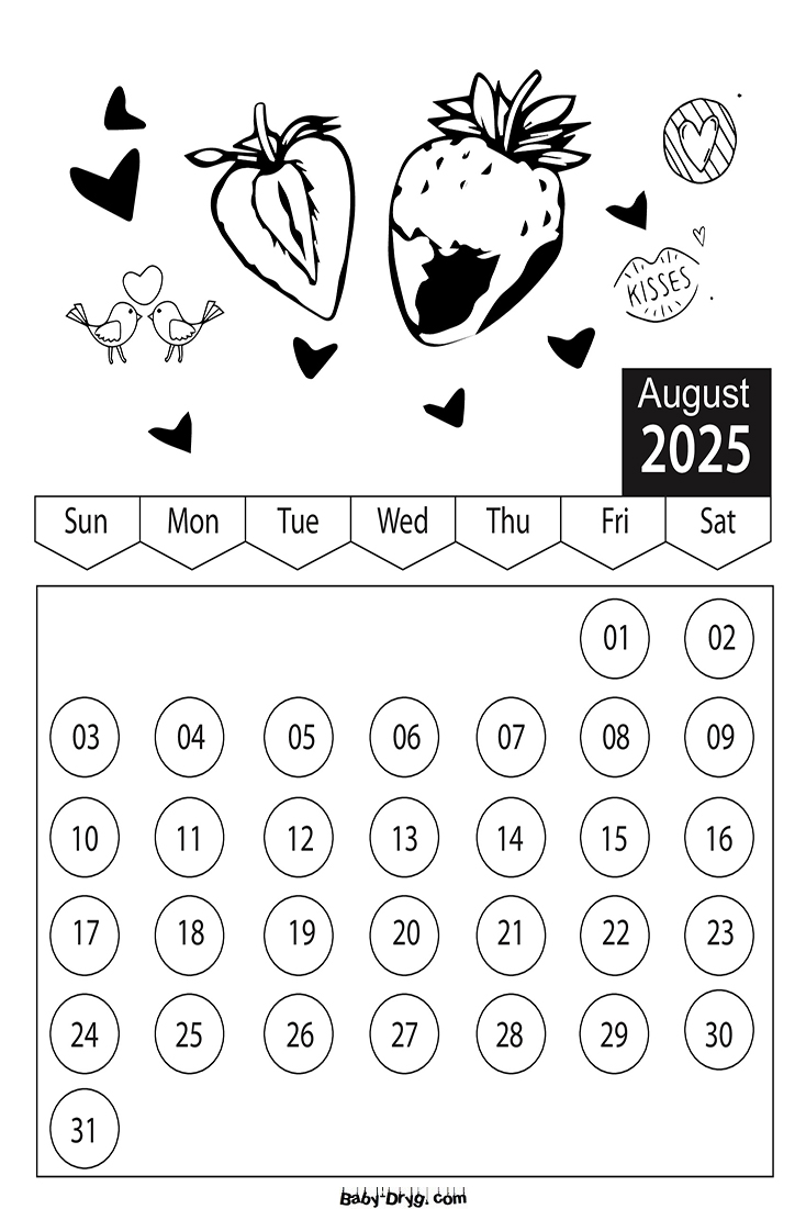 Coloring Page 2025 August Valentine's Day | Coloring Calendar 2025 year