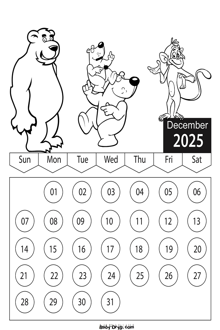 Coloring Page 2025 December Cartoon Characters | Coloring Calendar 2025 year