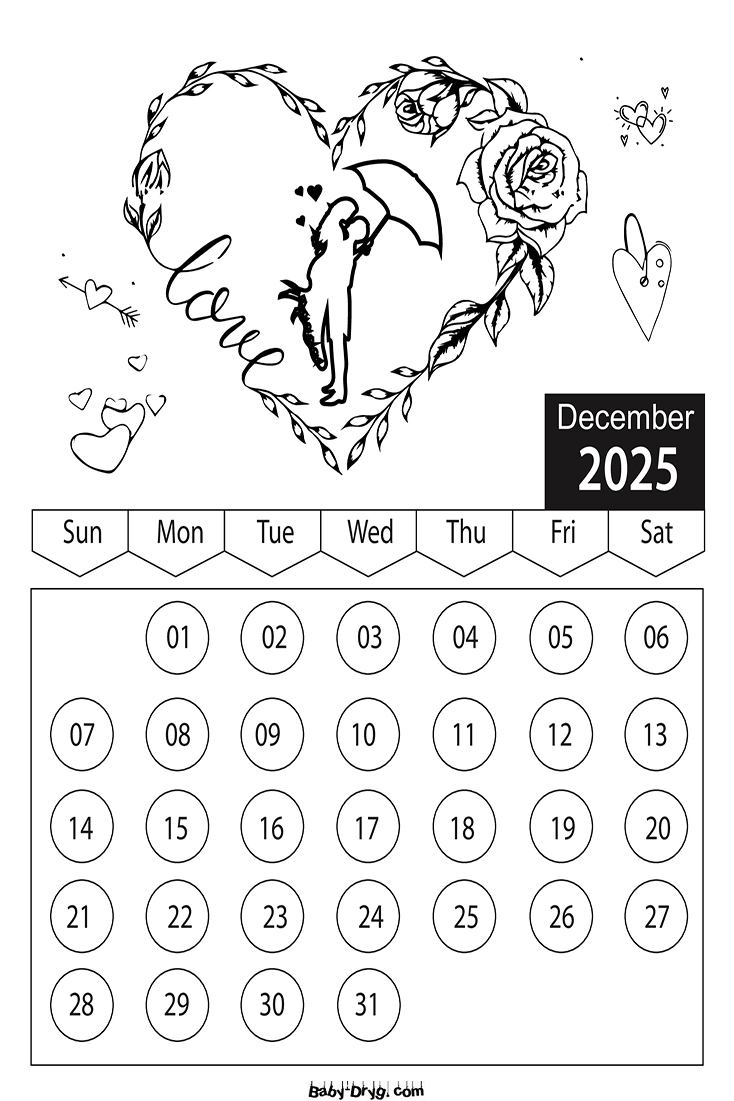 Coloring Page 2025 December Valentine's Day | Coloring Calendar 2025 year