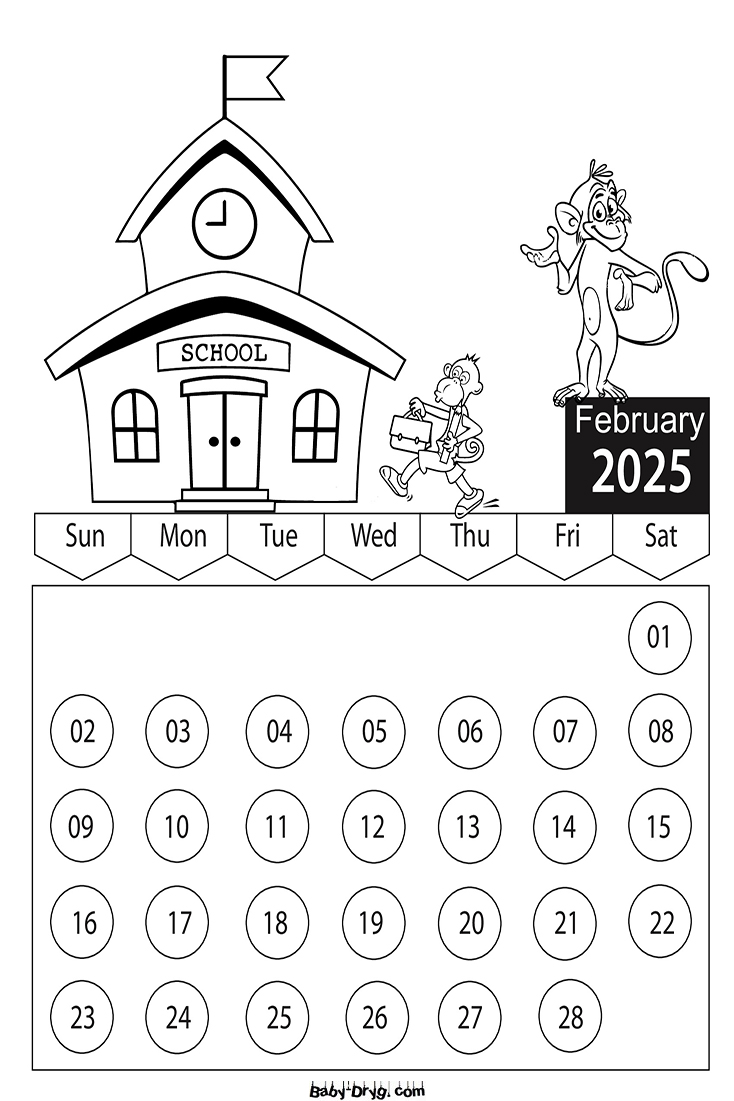 Coloring Page 2025 February Cartoon Characters | Coloring Calendar 2025 year