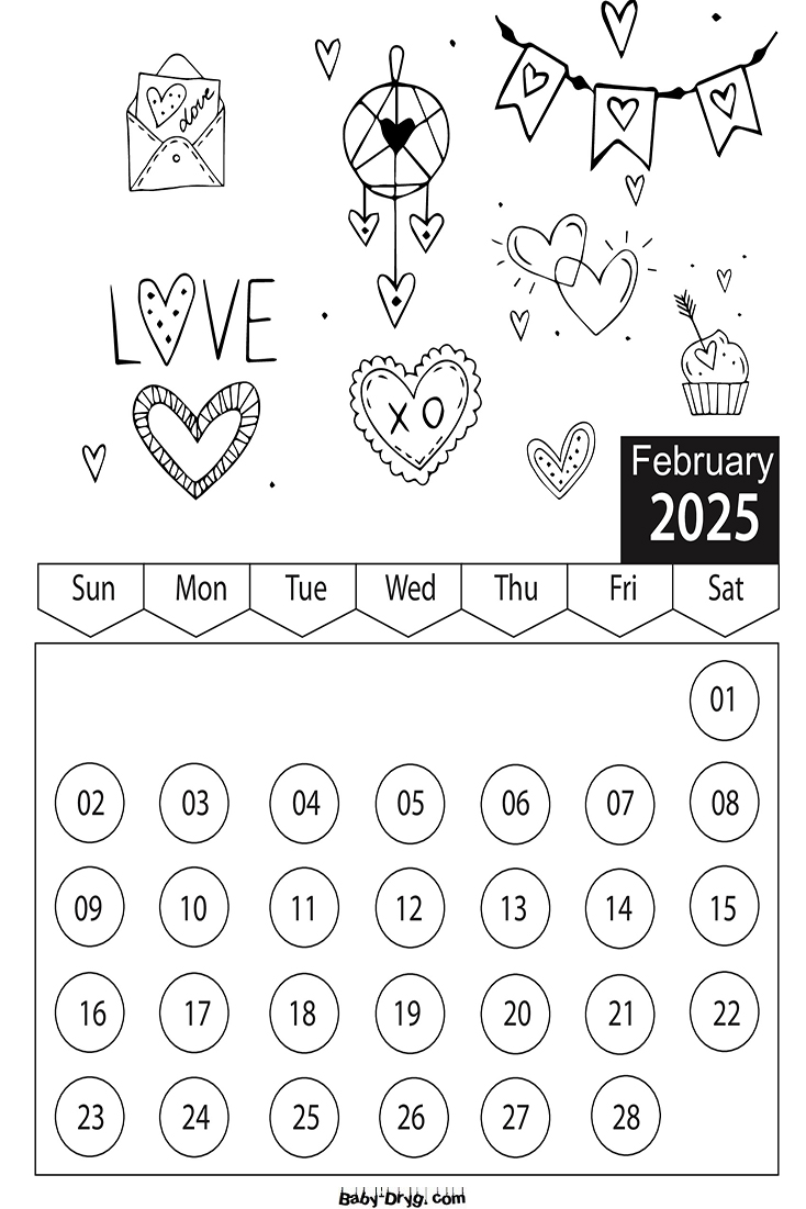 Coloring Page 2025 February Valentine's Day | Coloring Calendar 2025 year