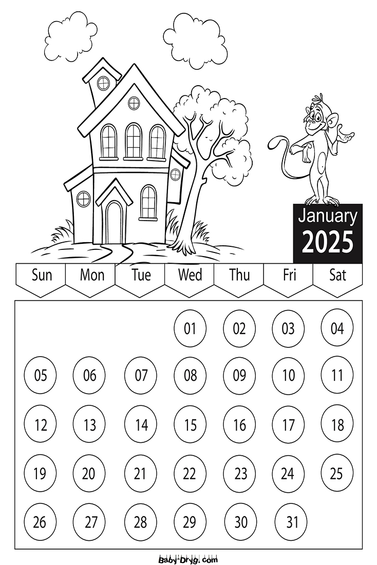 Coloring Page 2025 January Cartoon Characters | Coloring Calendar 2025 year