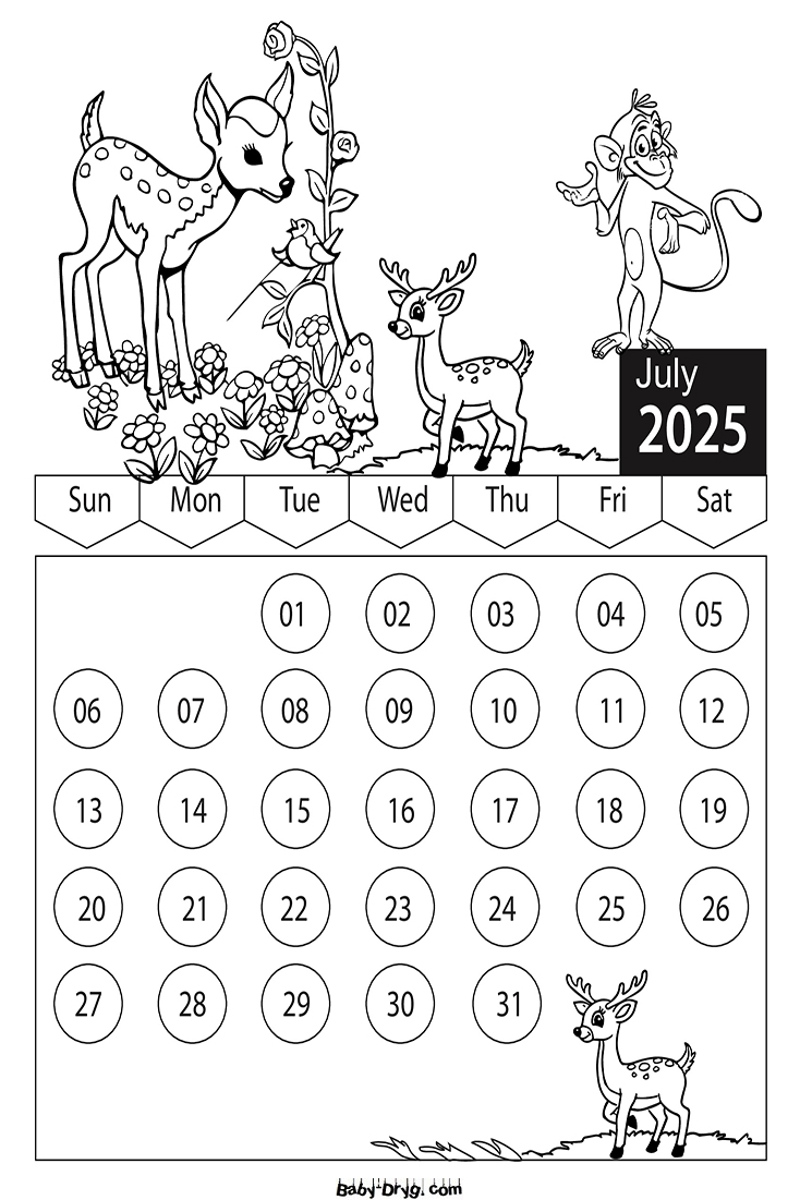 Coloring Page 2025 July Cartoon Characters | Coloring Calendar 2025 year