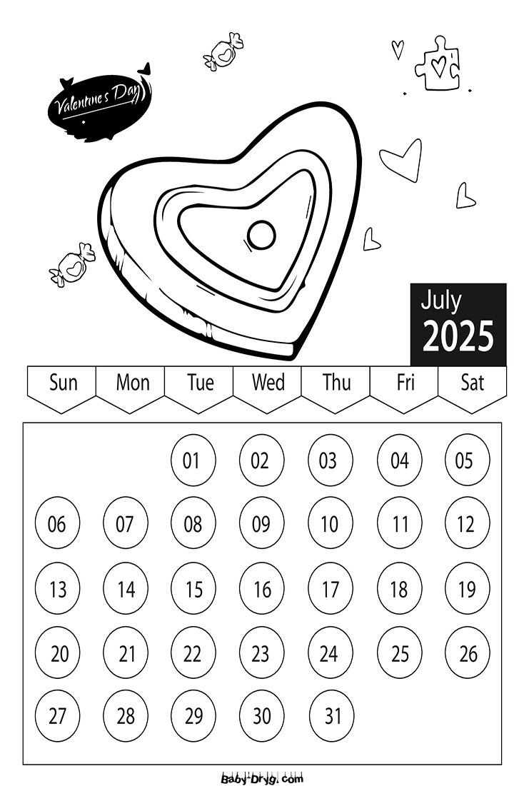Coloring Page 2025 July Valentine's Day | Coloring Calendar 2025 year