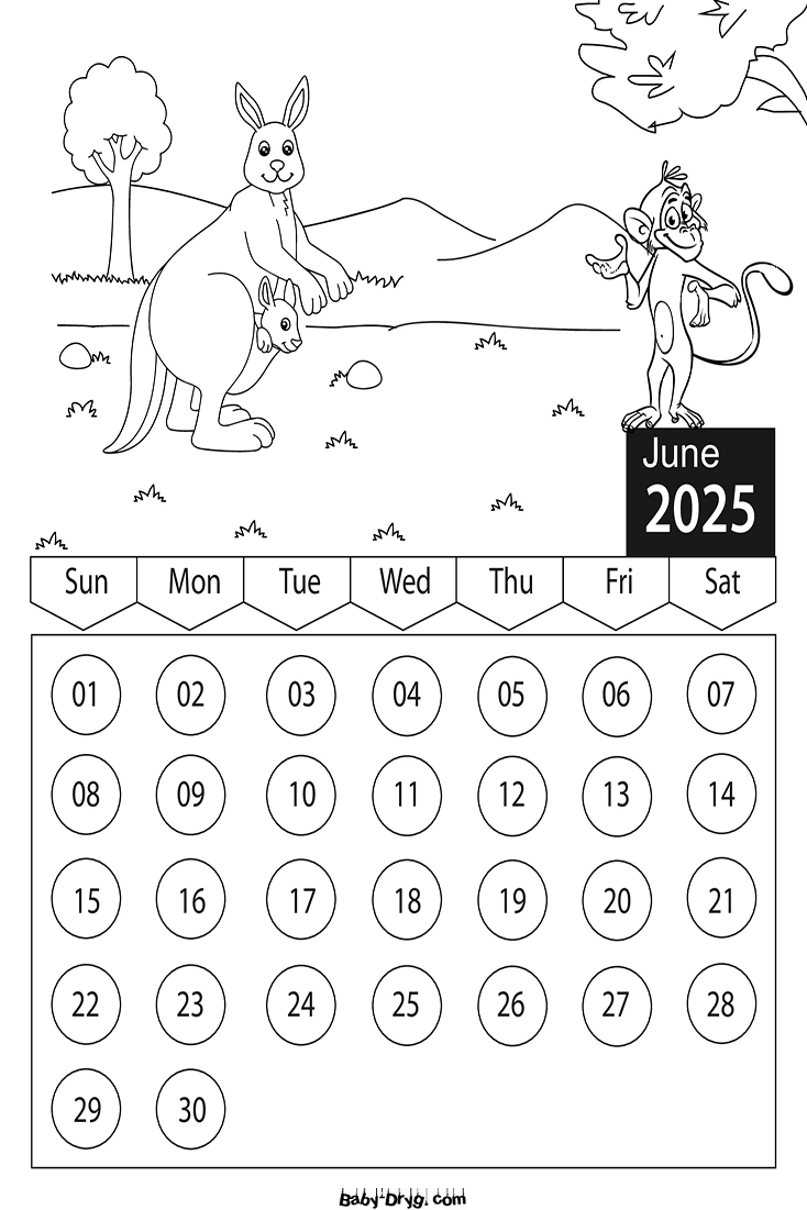 Coloring Page 2025 June Cartoon Characters | Coloring Calendar 2025 year