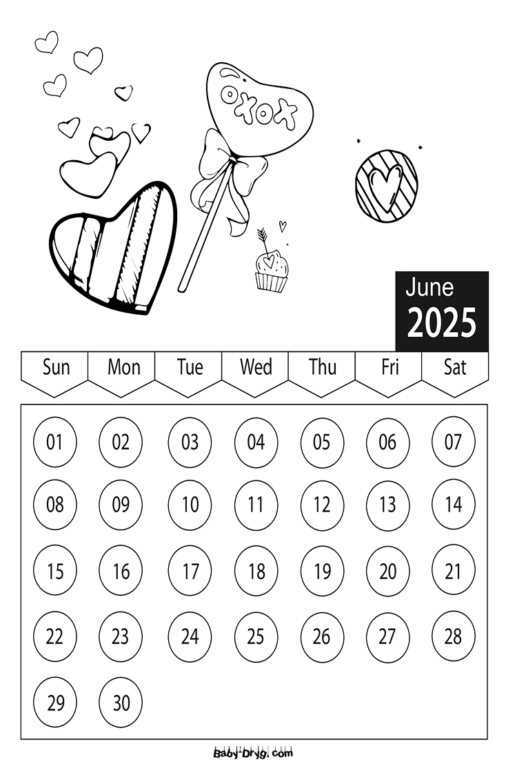 Coloring Page 2025 June Valentine's Day | Coloring Calendar 2025 year