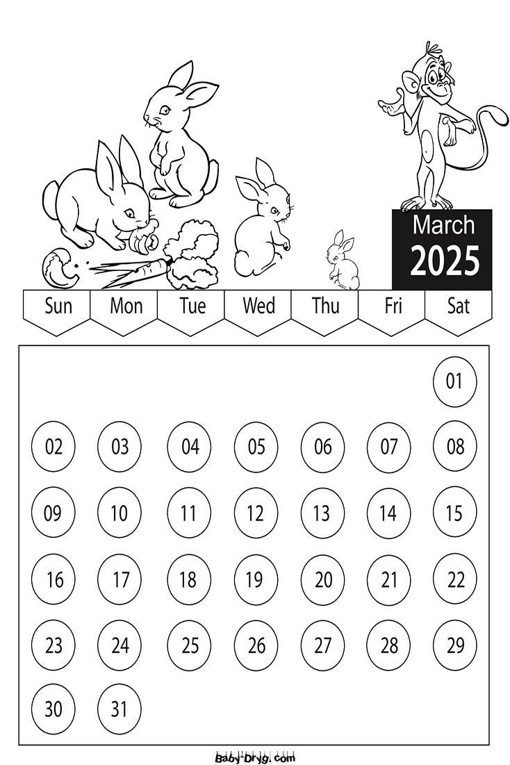 Coloring Page 2025 March Cartoon Characters | Coloring Calendar 2025 year