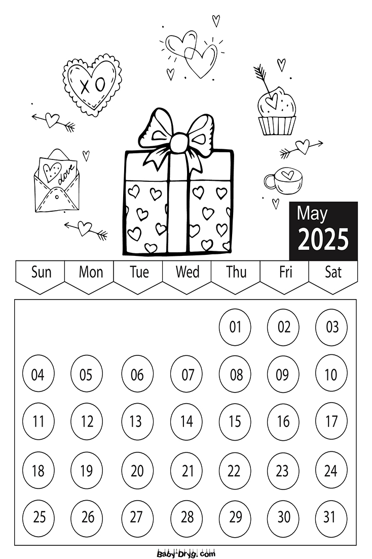 Coloring Page 2025 May Valentine's Day | Coloring Calendar 2025 year