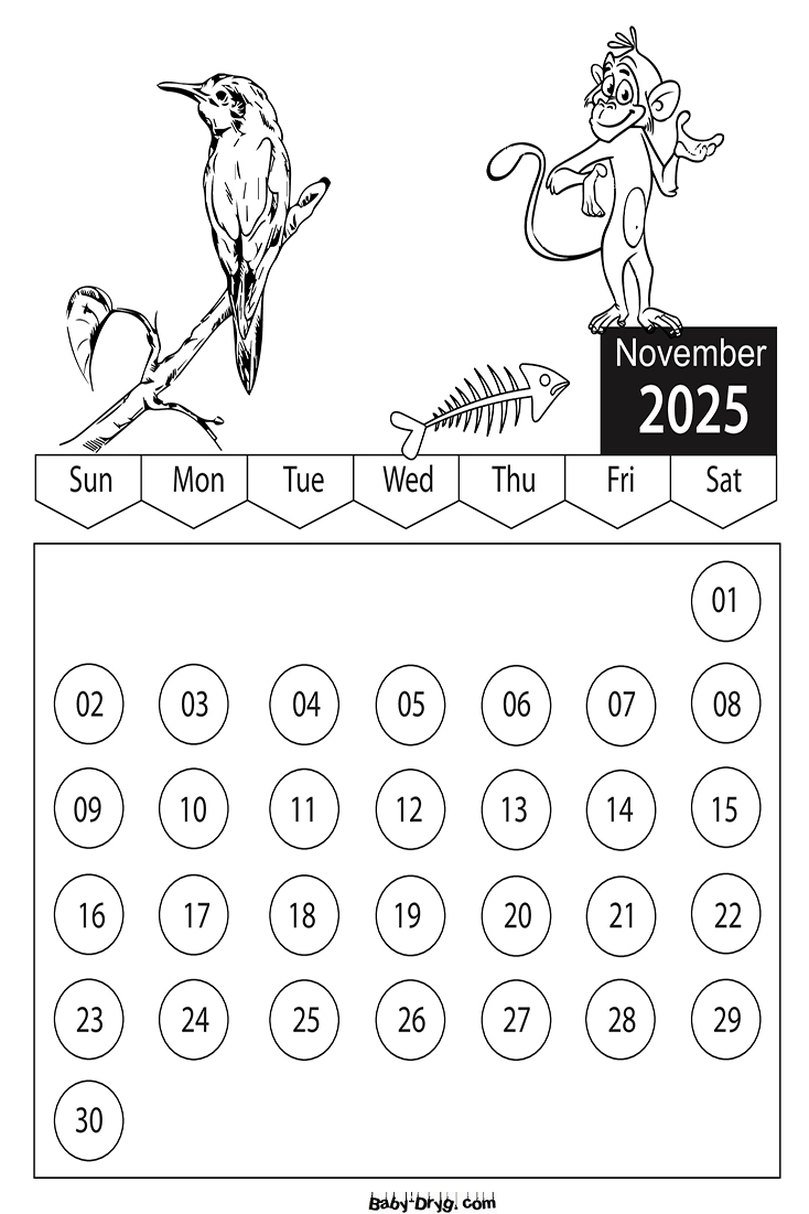 Coloring Page 2025 November Cartoon Characters | Coloring Calendar 2025 year