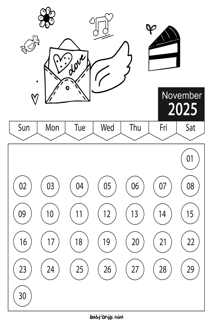 Coloring Page 2025 November Valentine's Day | Coloring Calendar 2025 year