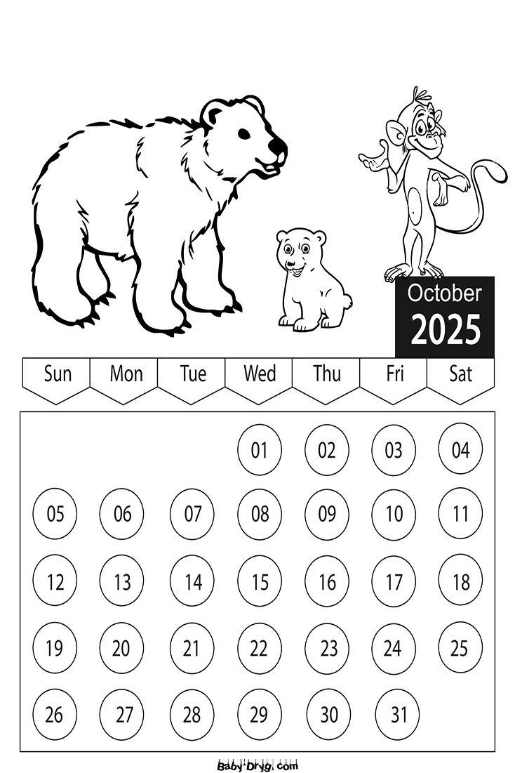 Coloring Page 2025 October Cartoon Characters | Coloring Calendar 2025 year
