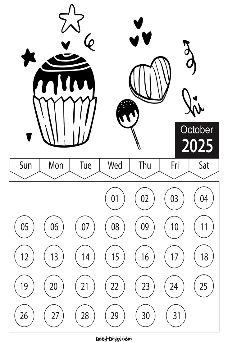 Coloring Page 2025 October Valentine's Day | Coloring Calendar 2025 year