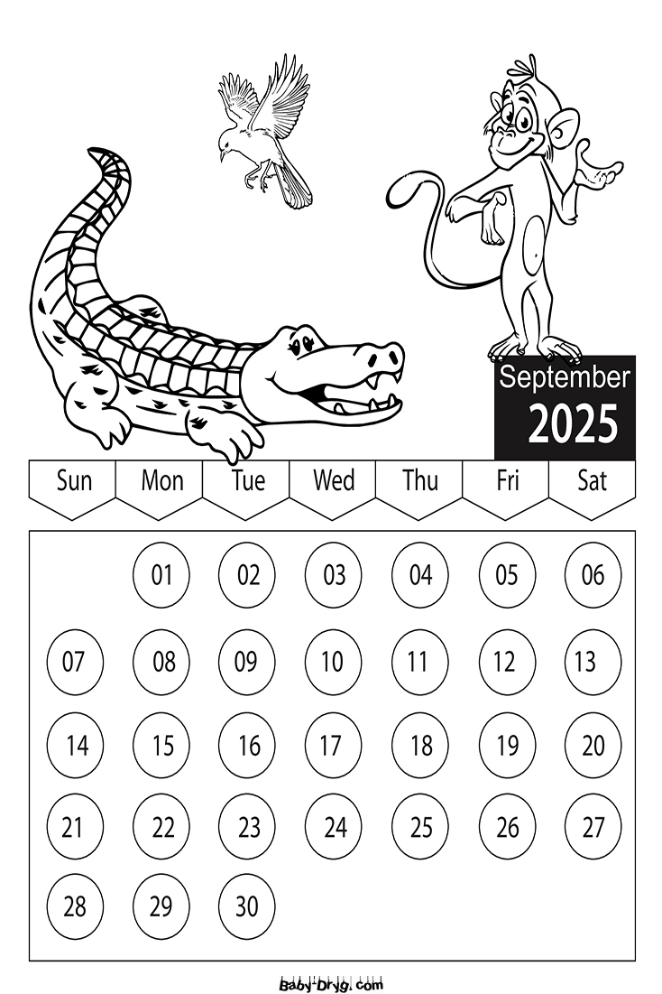 Coloring Page 2025 September Cartoon Characters | Coloring Calendar 2025 year