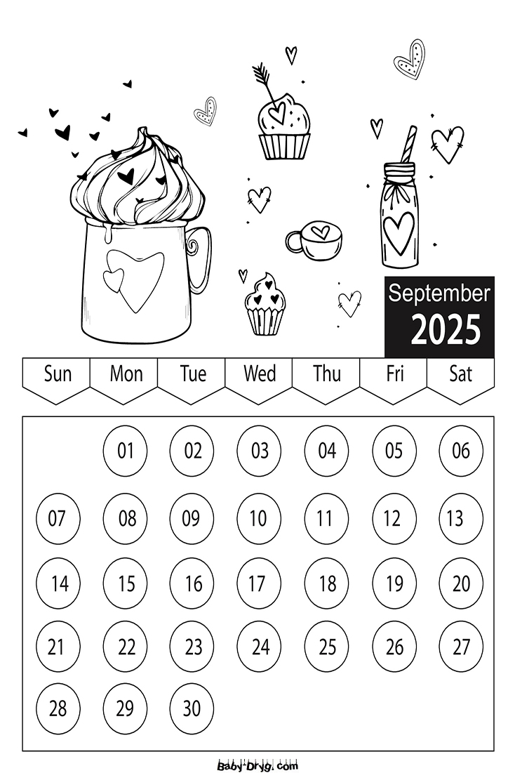 Coloring Page 2025 September Valentine's Day | Coloring Calendar 2025 year