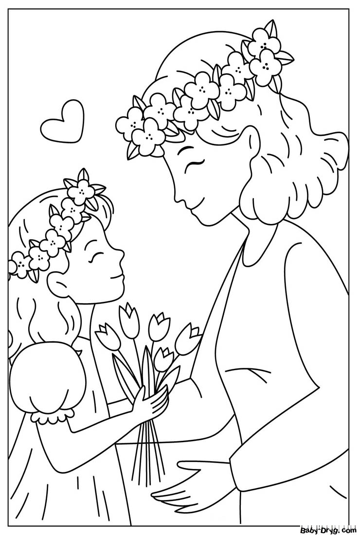 Daughter Gives Flowers To Mother Coloring Page | Coloring Mother's Day