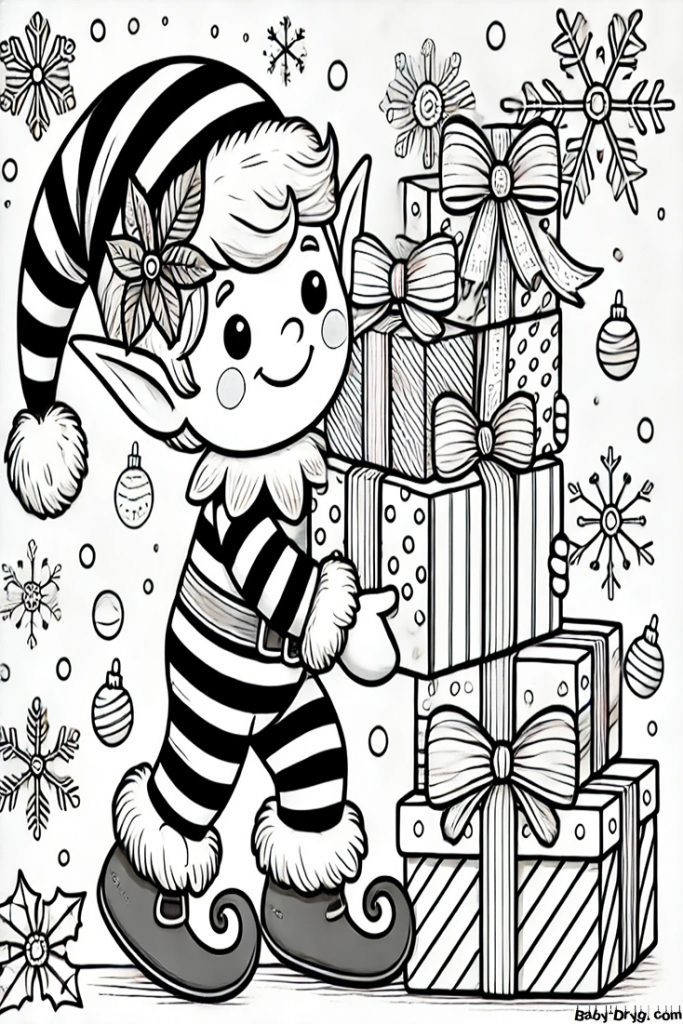 Elf with gifts New Year's Eve Coloring Page | Coloring Year Snake 2025