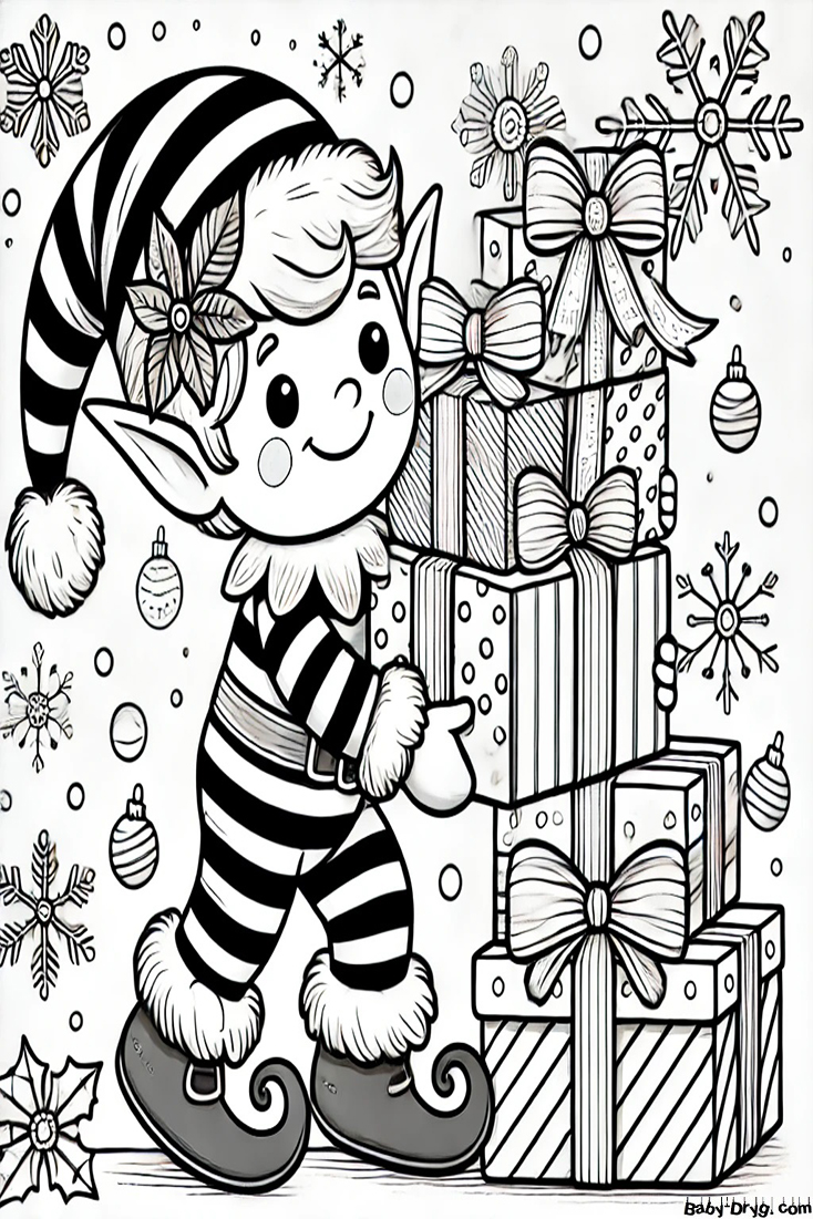 Elf with gifts New Year's Eve Coloring Page | Coloring Year Snake 2025