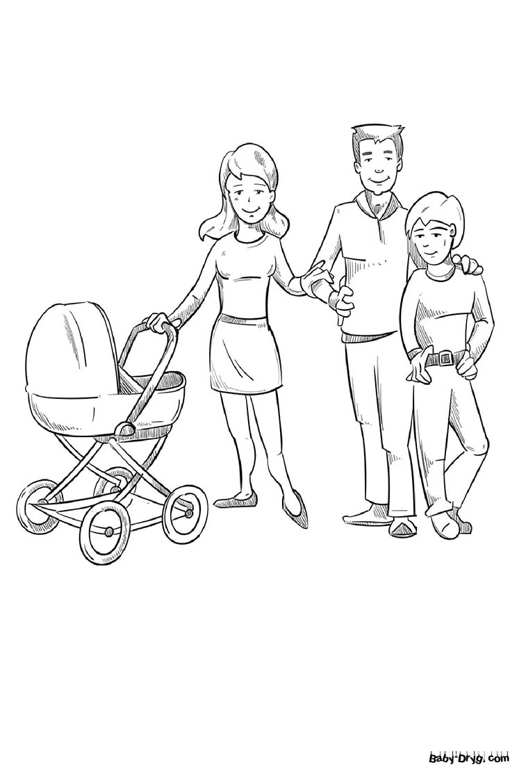 Family mom, stroller, dad, son Coloring Page | Coloring Mother's Day