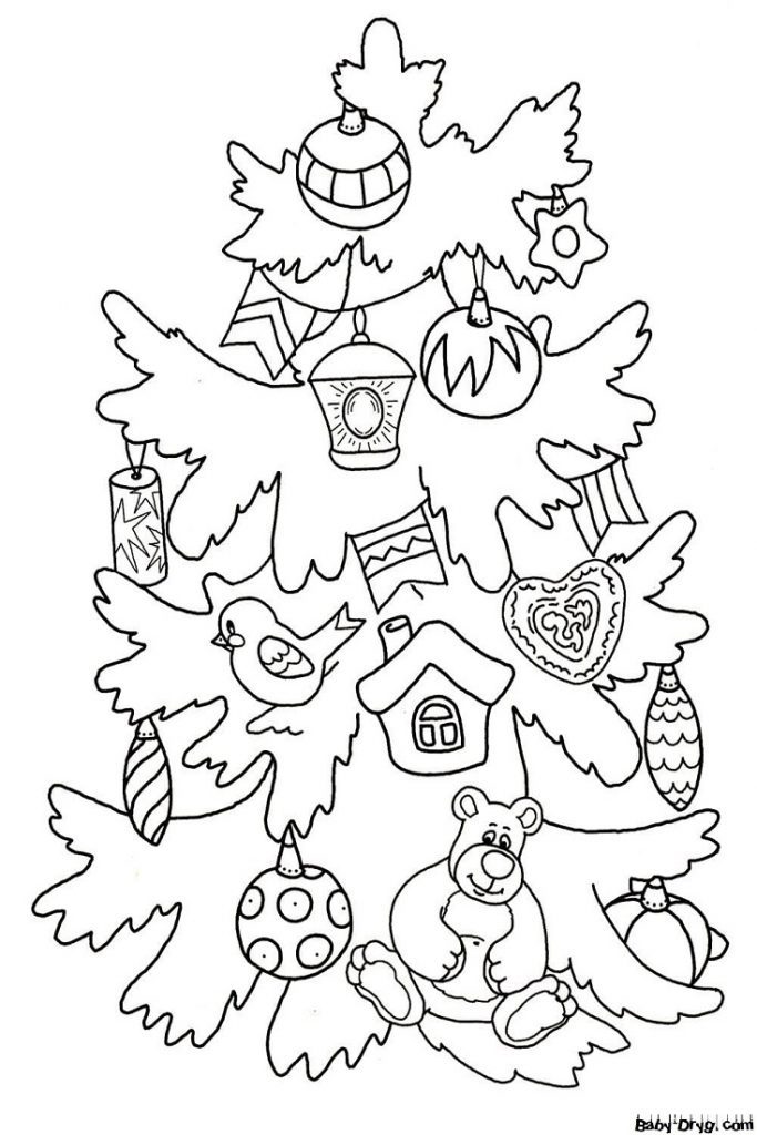 Fluffy Christmas tree with toys Coloring Page | Coloring Year Snake 2025