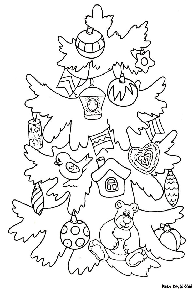 Fluffy Christmas tree with toys Coloring Page | Coloring Year Snake 2025