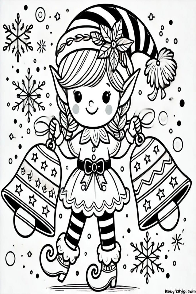 Girl elf with bells Coloring Page | Coloring Year Snake 2025