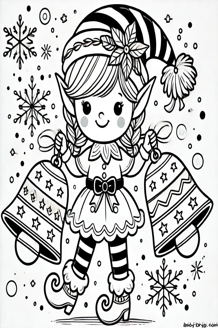 Girl elf with bells Coloring Page | Coloring Year Snake 2025