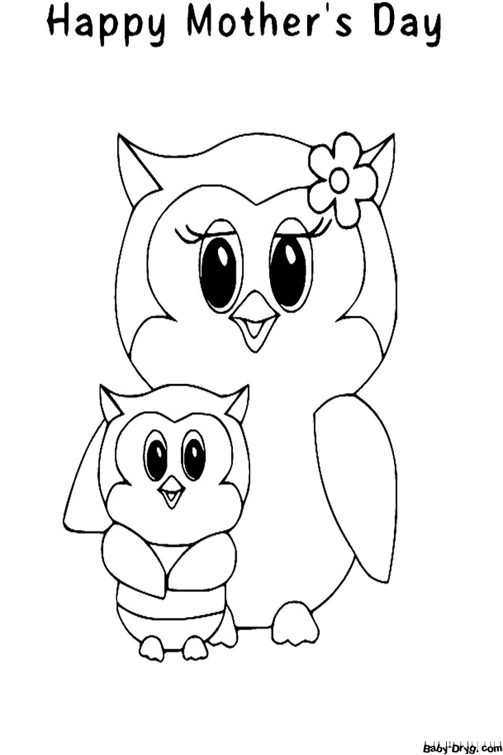 Happy Mothers Day With Two Owls Coloring Page | Coloring Mother's Day