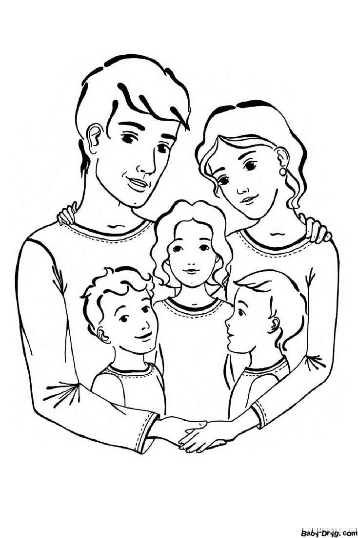 Large family, dad, mom and three kids Coloring Page | Coloring Mother's Day
