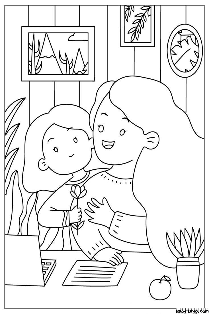 Little Girl Giving Flowers To Her Mother In Front Of The Desk Coloring Page | Coloring Mother's Day