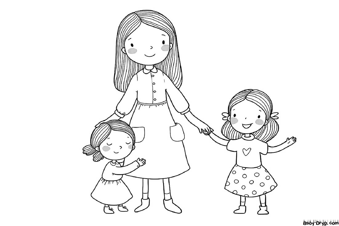 Mom and two daughters Coloring Page | Coloring Mother's Day