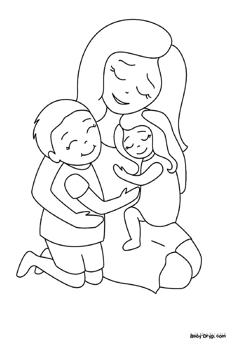 Mom and two kids Coloring Page | Coloring Mother's Day